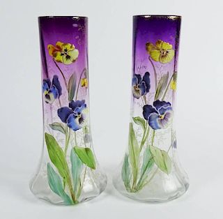 Pair of Mont Joye of Paris, France Amethyst on Clear Tall Art Glass Enameled Vases, "Pansies"