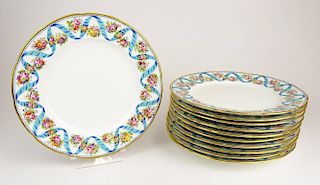 Eleven (11) Hand Painted Dinner Plates with Gilt Rims