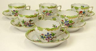 Six (6) Herend Hand Painted Queen Victoria Cups and Saucer Sets