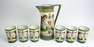 20th Century Arnhem Holland Marantha Glazed Pottery Pitcher and Six (6) Cup Set