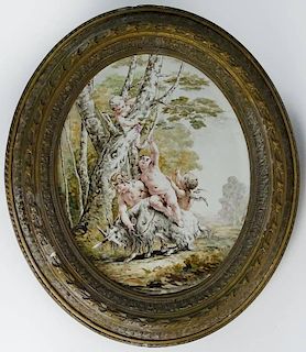 Framed 19th Century Pottery Plaque, Cherubs Playing with Goat