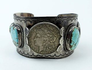 Vintage Old Pawn Possibly Navajo Sterling Silver and Turquoise Cuff Bracelet with 1921 Liberty Head Silver Dollar Coin