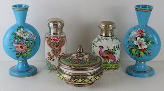 SILVER. Silver Mounted Porcelain Grouping with (2)