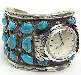 Vintage Old Pawn Possibly Navajo Heavy Sterling Silver and Turquoise Cuff Bracelet with Man's Timex Watch