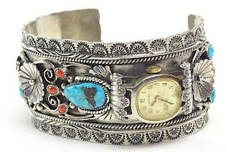 Vintage Old Pawn Possibly Navajo Sterling Silver, Turquoise and Coral Cuff Bracelet with Lady's Aqua Watch