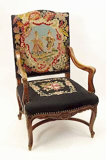 Antique Carved Wood and Needlepoint Arm Chair