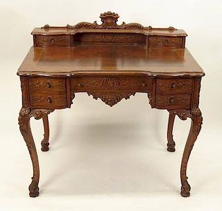 Vintage Hand Carved Ladies Seven Drawer Writing Desk with Gallery Corniced Top