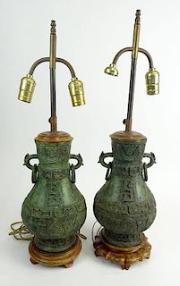 Pair Chinese Archaistic Bronze Vases Mounted as Lamps