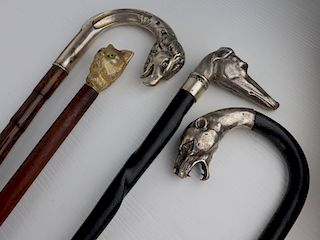 SILVER. Grouping of (4) Canes with Animal Finials.