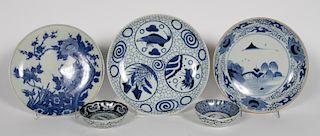 Five East Asian, Blue and White Porcelain Bowls