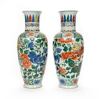 Pair, Chinese Qing Wucai Baluster Vases