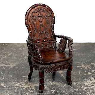 Late 19th C., Chinese Carved Hardwood Arm Chair