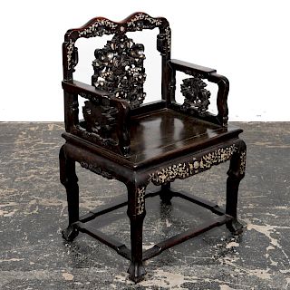 Chinese Hardwood Armchair; Floral MOP Inlay