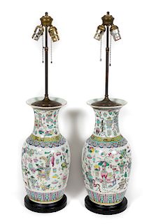 Pair, Chinese Porcelain Famille Rose Vase Lamps