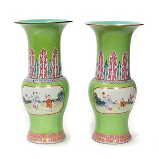 Pair of Chinese Famille Verte Vases, Figural Motif