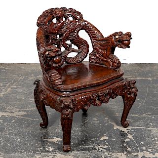 Heavily Carved Japanese Dragon Arm Chair