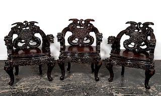 Three 19th C. Japanese Dragon Carved Arm Chairs