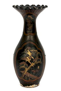 Japanese Black Lacquer & Gilt Porcelain Vase