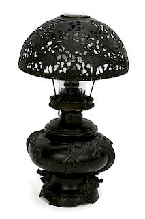 Japanese Bronze Dragon Motif Converted Oil Lamp