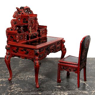 Red Lacquered Kamakura-Bori Desk & Chair, Japanese