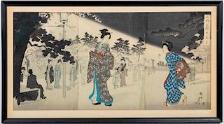 Chikanobu, Geishas in Ueno Park Triptych Woodblock