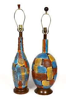 Two, MCM Volcanic Glazed Pottery Table Lamps