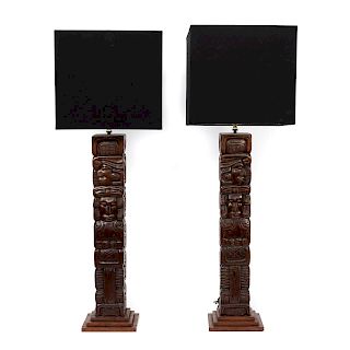 Pair, Carved Mayan Theme Wooden Table Lamps