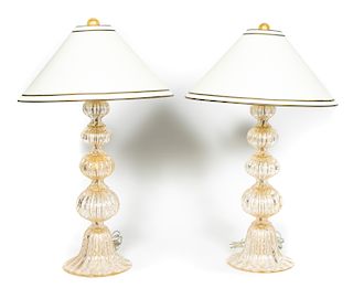 Pair, Murano MCM Aventurine Glass Lamps