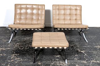 3pc Set, Two Cream Barcelona Chairs w/ One Ottoman
