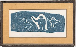 Amamatuak & Paperk, Figural Inuit Blue Linocut