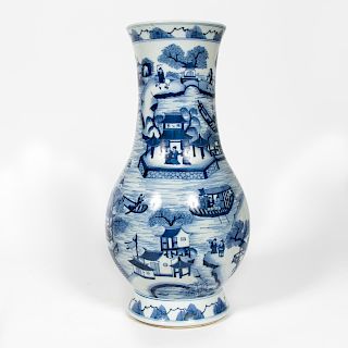 Chinese Blue and White Figural River Scene Vase