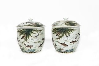 Pair of Chinese Republic Famille Rose Covered Jars