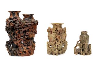 Three Carved Chinese Soapstone Urns