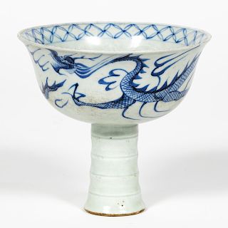Chinese Qing Dynasty Blue & White Stem Footed Cup