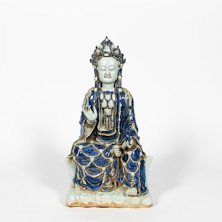 Chinese Qing Style Blue and White Crowned Buddha