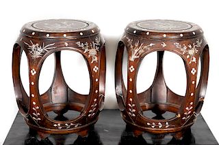 Pair of Chinese Rosewood MOP Inlaid Barrel Stools