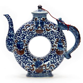 Chinese Dragon Handle Blue & White Donut Teapot