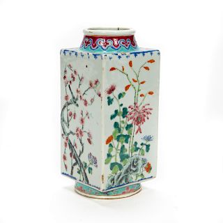 Chinese Hand Painted Floral Motif Cong Vase