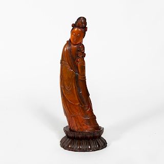 Carved Horn Quanyin Figure on Stand