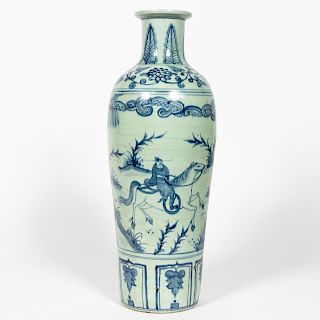 Chinese Celadon & Blue Figural Liuyeping Vase