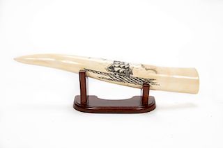 Signed Chinese Carved Walrus Tooth, Whaling Scene