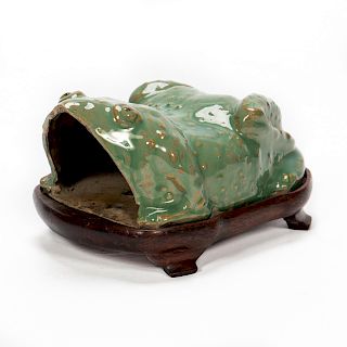 Chinese Frog Form Wall Pocket W/ Wooden Stand