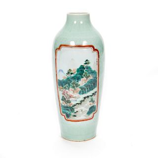 Chinese Celadon Landscape Porcelain Sleeve Vase