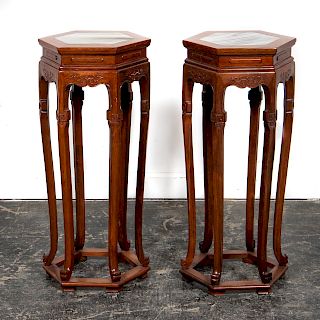 Pair, Chinese Chestnut and Marble Plant Stands