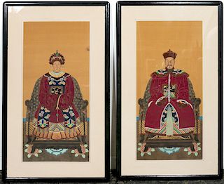 Pair, Chinese Ancestral Watercolor Silk Paintings
