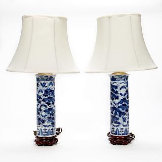 Pair, Chinese Blue & White Beaker Vase Lamps