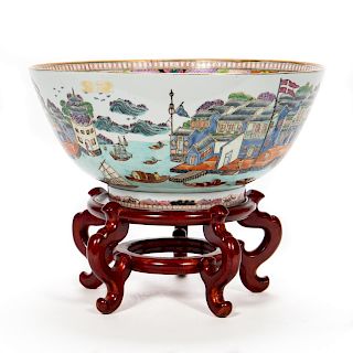 Chinese Porcelain Punch Bowl w/ English Port Scene
