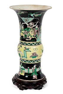 Chinese Famille Noire Porcelain Gu Vase on Stand