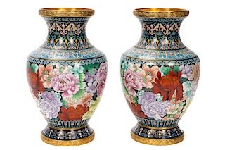 Pair, Chinese Floral Motif Cloisonne Urns
