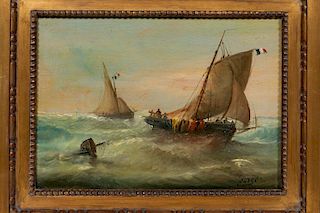 Pair Signed French Oil On Board Nautical Seascapes